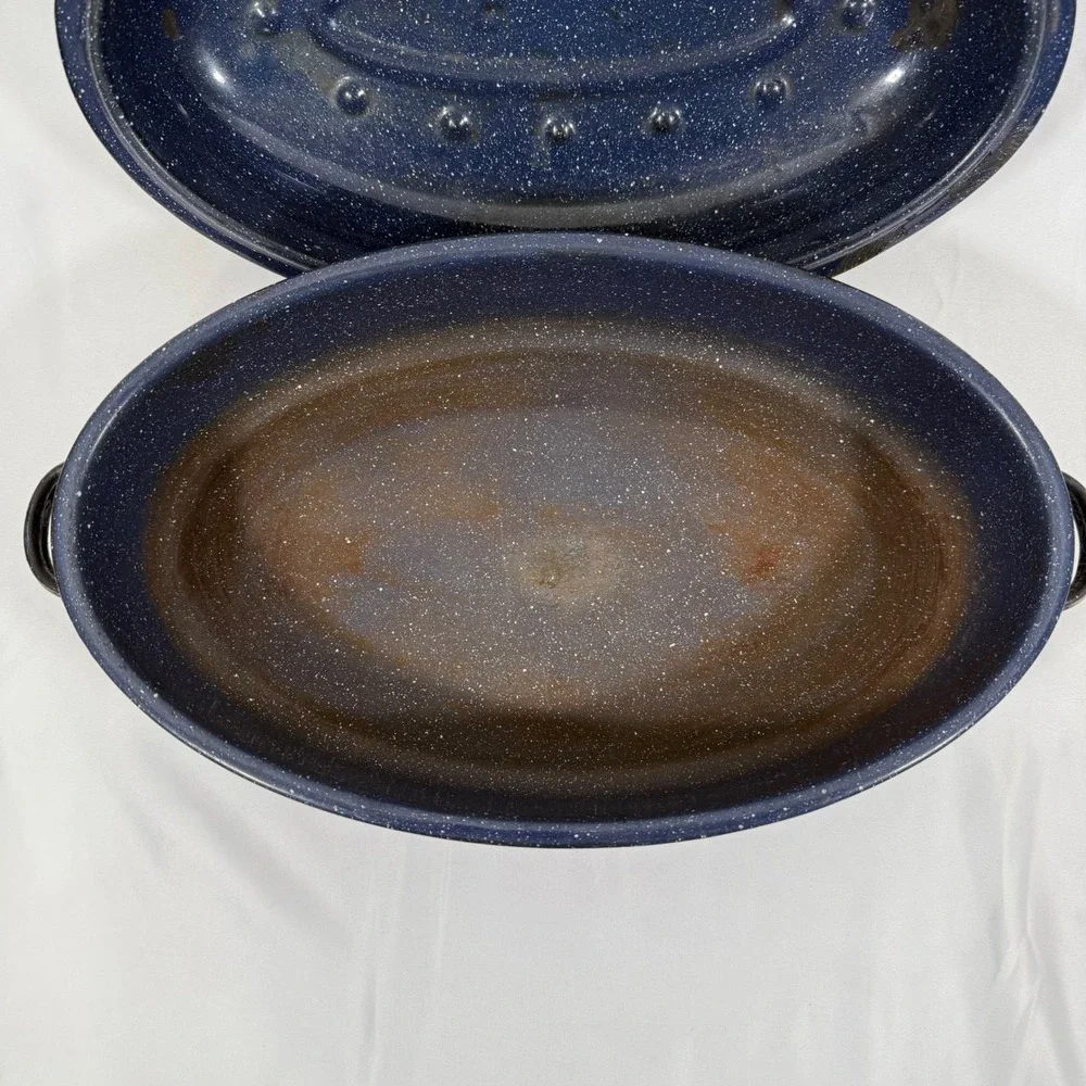 Vintage Enamelware Roaster Pan Large Blue White Speckled Oval Lidded Pot 15 Inch